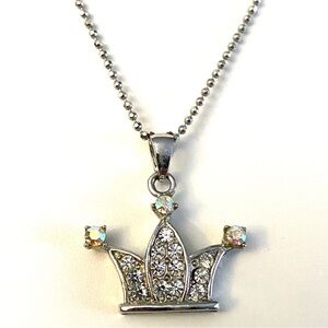 Silver-Tone Rhinestone AB Crown Pendant Necklace Sparkly Princess Style